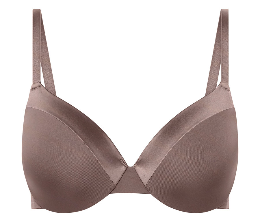 Soutien-gorge marron à armatures avec bretelles réglables.