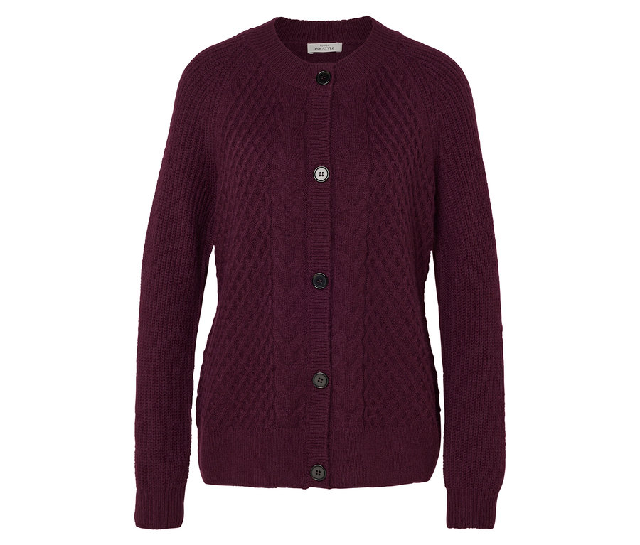Un cardigan en tricot bordeaux avec encolure ras du cou et boutons.