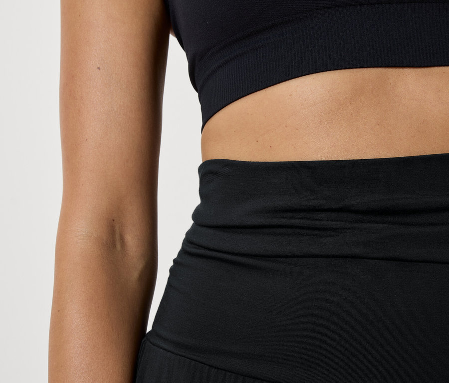 Gros plan d'un vêtement de sport féminin composé d'un soutien-gorge de sport et d'un legging noirs.