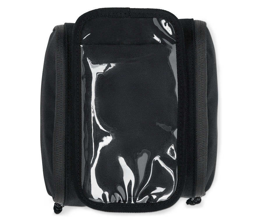Trousse de toilette noire avec une fenêtre transparente au centre.