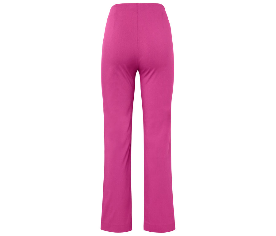 Vue arrière d'un pantalon rose taille haute et évasé.