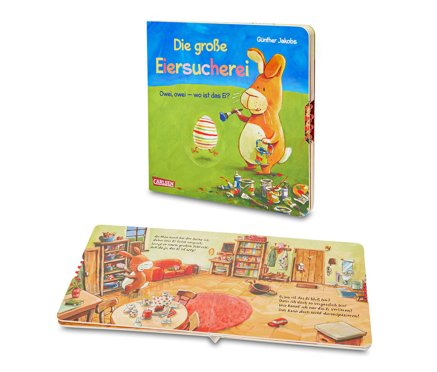 Livre ouvert « La grande chasse aux œufs » (en allemand) est présenté sur l'image.