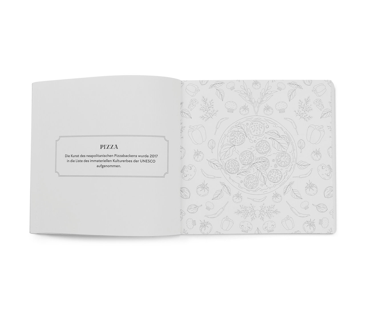 Livre ouvert «
on Reise durch Europa – Ausmalen und Entspannen
on» avec un texte sur la pizza et une image de pizza à colorier.