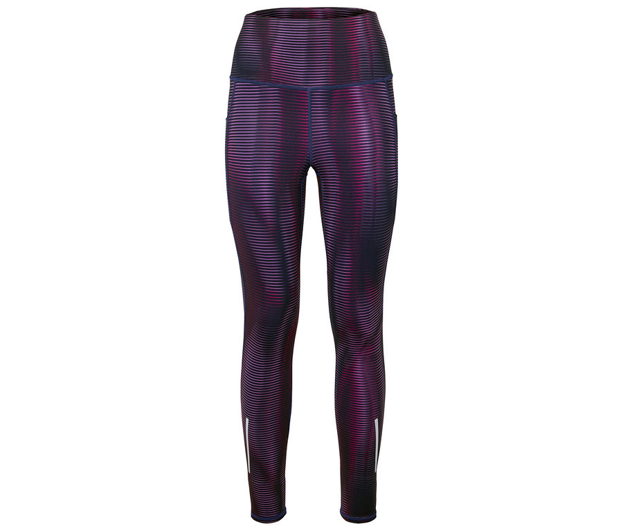 Leggings violettes et noires avec des rayures horizontales.