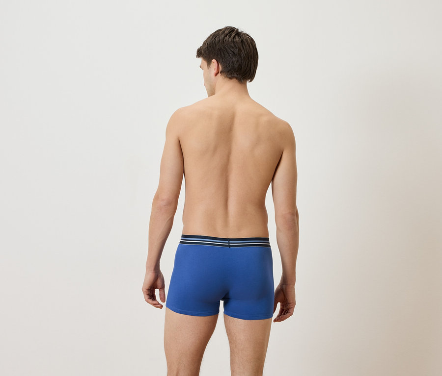 Homme vu de dos, portant un boxer bleu.