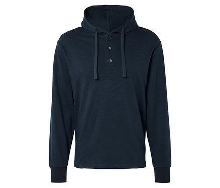 Sweat à capuche bleu marine avec trois boutons sur fond blanc.