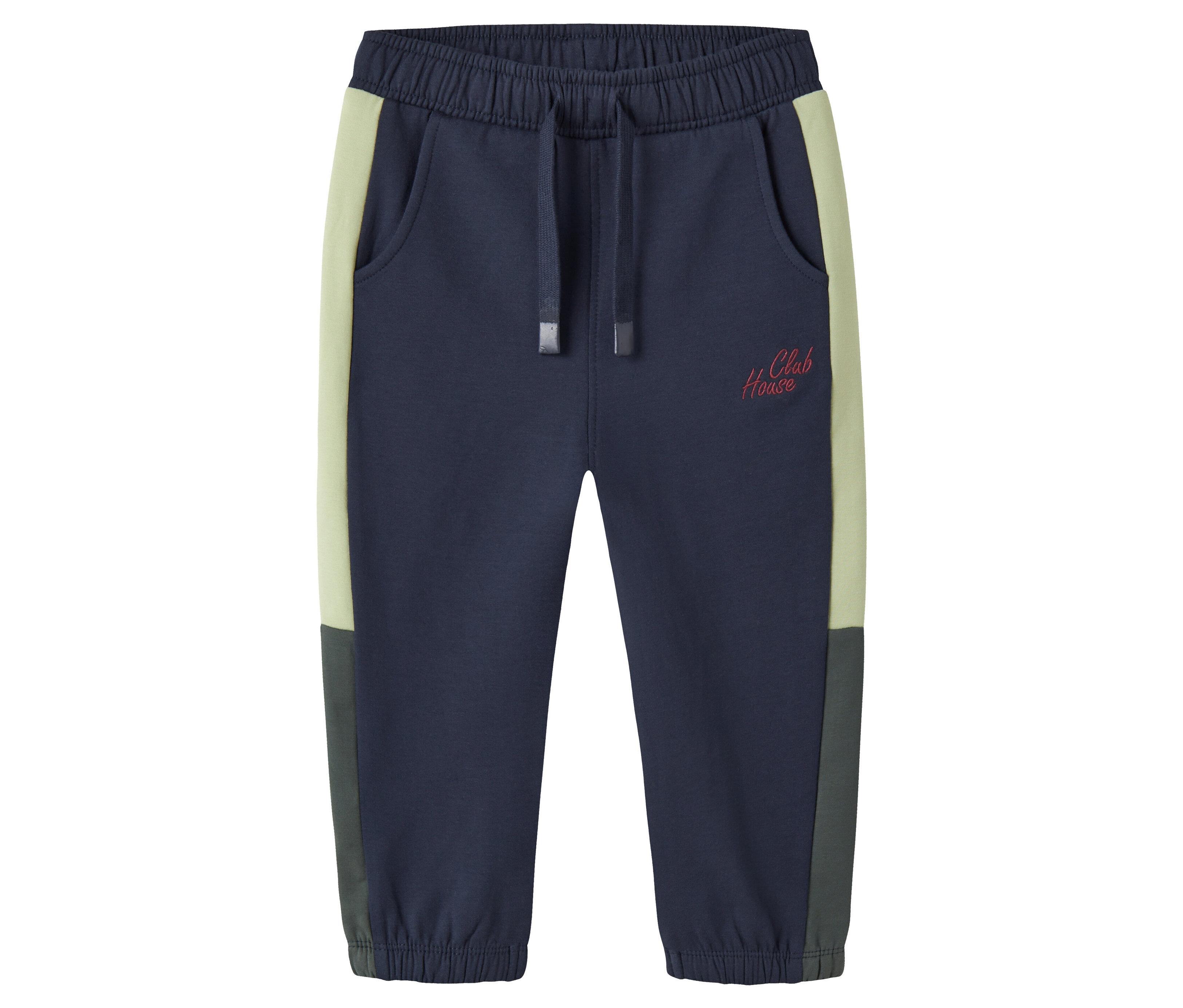 Un pantalon de survêtement NAME IT bleu marine avec un motif colorblock sur un fond blanc.