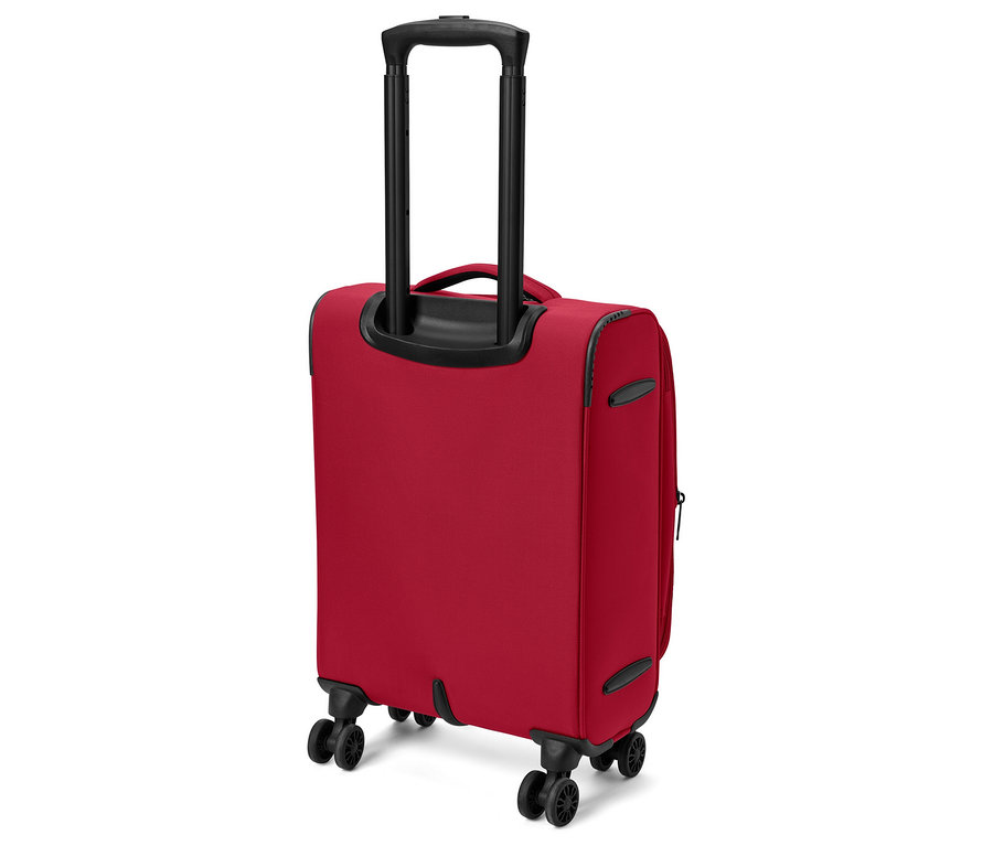 Valise rouge à roulettes avec poignée noire.