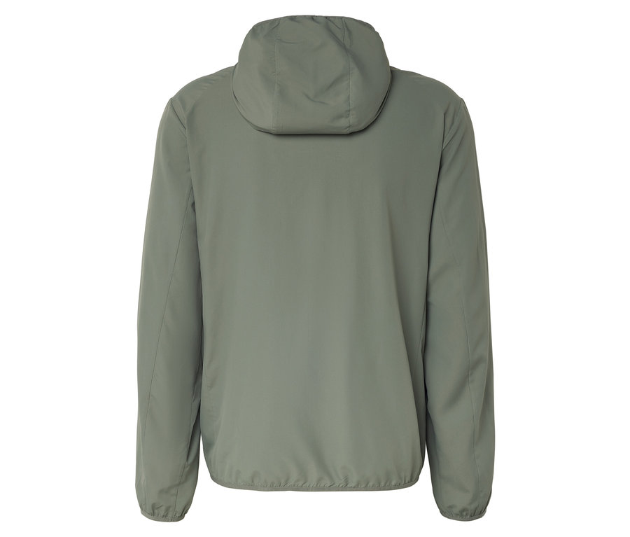 Vue arrière d'une veste unie vert olive avec capuche.