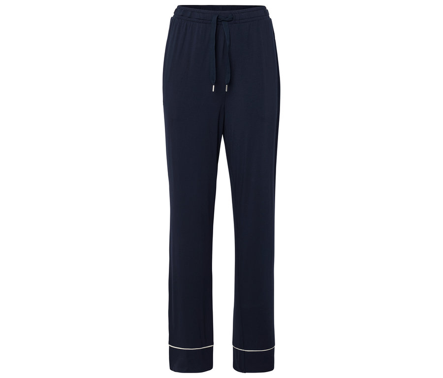 Pantalon de pyjama bleu marine avec cordon de serrage et ourlet blanc.