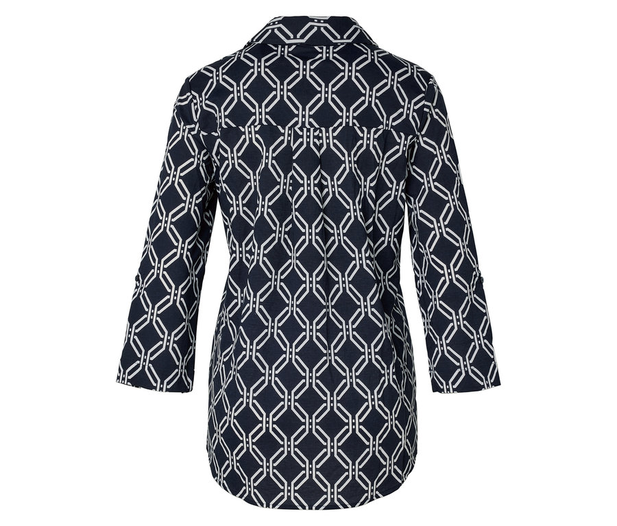 Veste bleu marine avec motif géométrique blanc, vue de dos.
