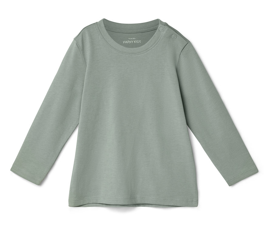 Un t-shirt à manches longues vert clair pour enfants est posé sur un fond blanc.