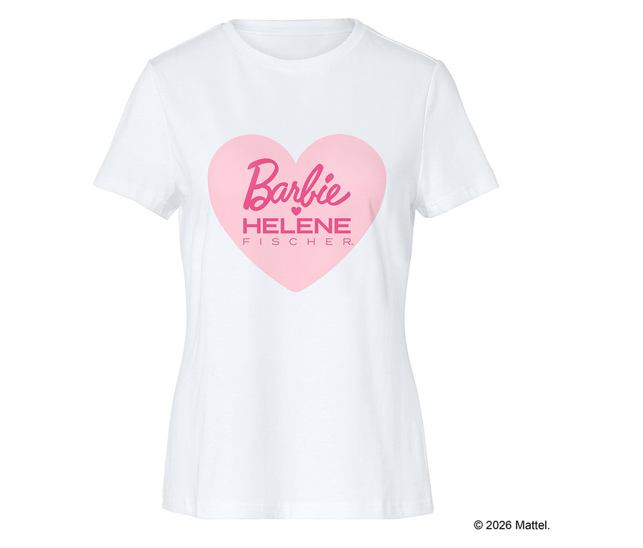 T-shirt blanc avec un imprimé cœur rose avec le logo Barbie et le nom de Helene Fischer.