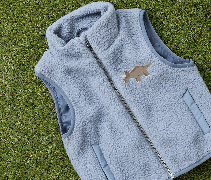 Un gilet en polaire bleu clair avec un motif de tricératops posé sur de l'herbe verte.