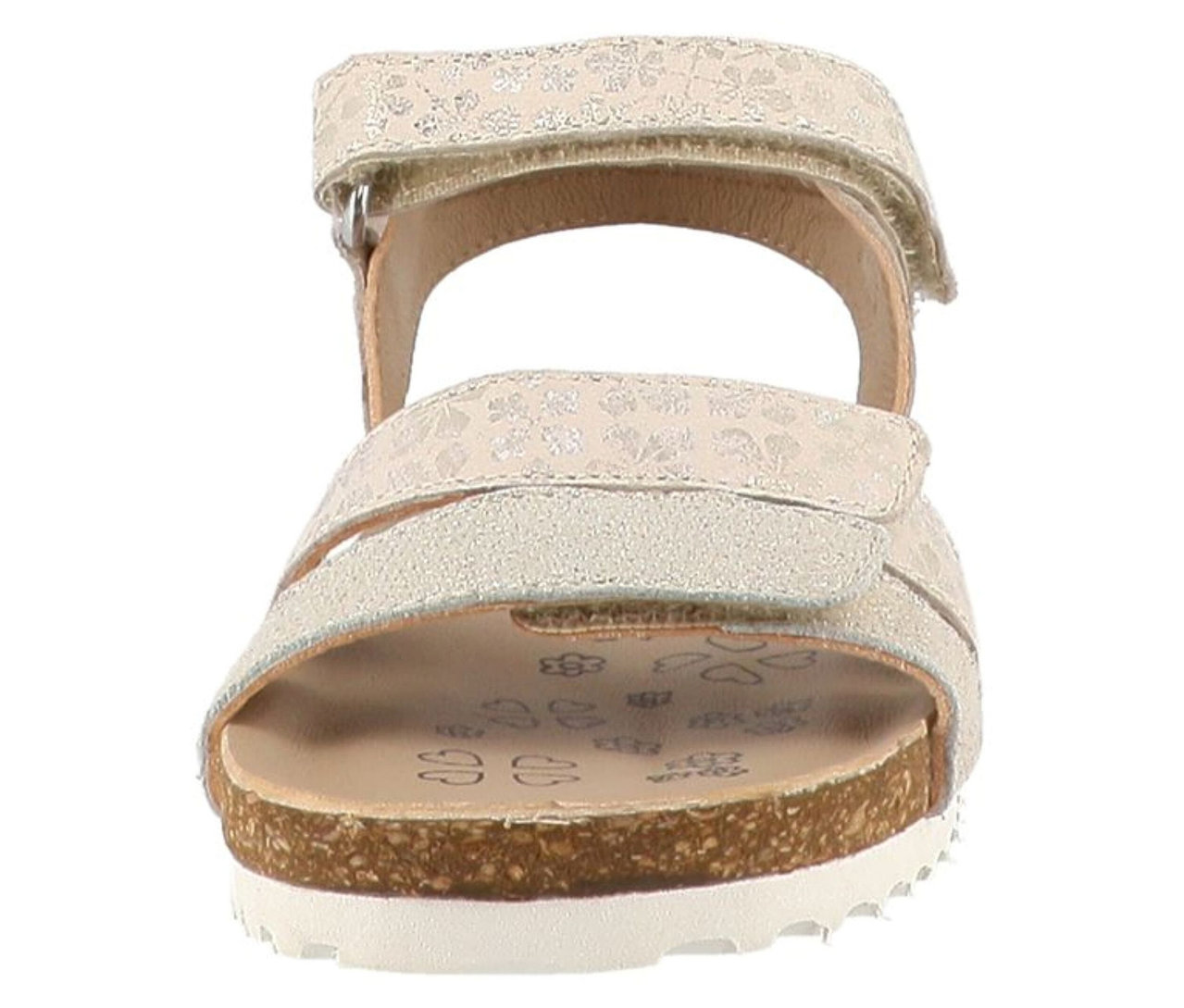 Vue de face d'une sandale pour fille LURCHI « Beo » beige clair avec trois brides à scratch, une semelle intérieure en liège et une semelle blanche.