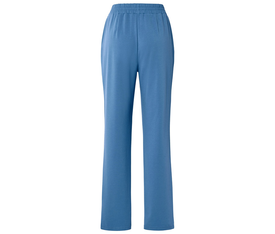 Pantalon long en tissu bleu avec taille élastique, photographié de dos.