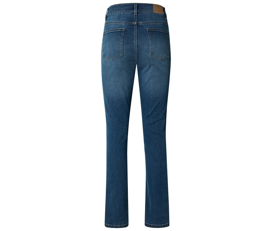 Vue arrière d'un jean bleu à jambe droite avec des poches.