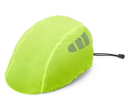 Une housse de casque de vélo jaune néon avec des détails réfléchissants et un cordon de serrage noir repose sur un fond blanc.