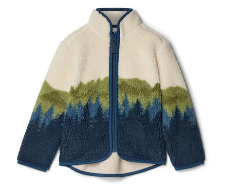 Une veste polaire zippée, de couleur crème en haut et bleu marine en bas, avec une forêt verte et bleue.
