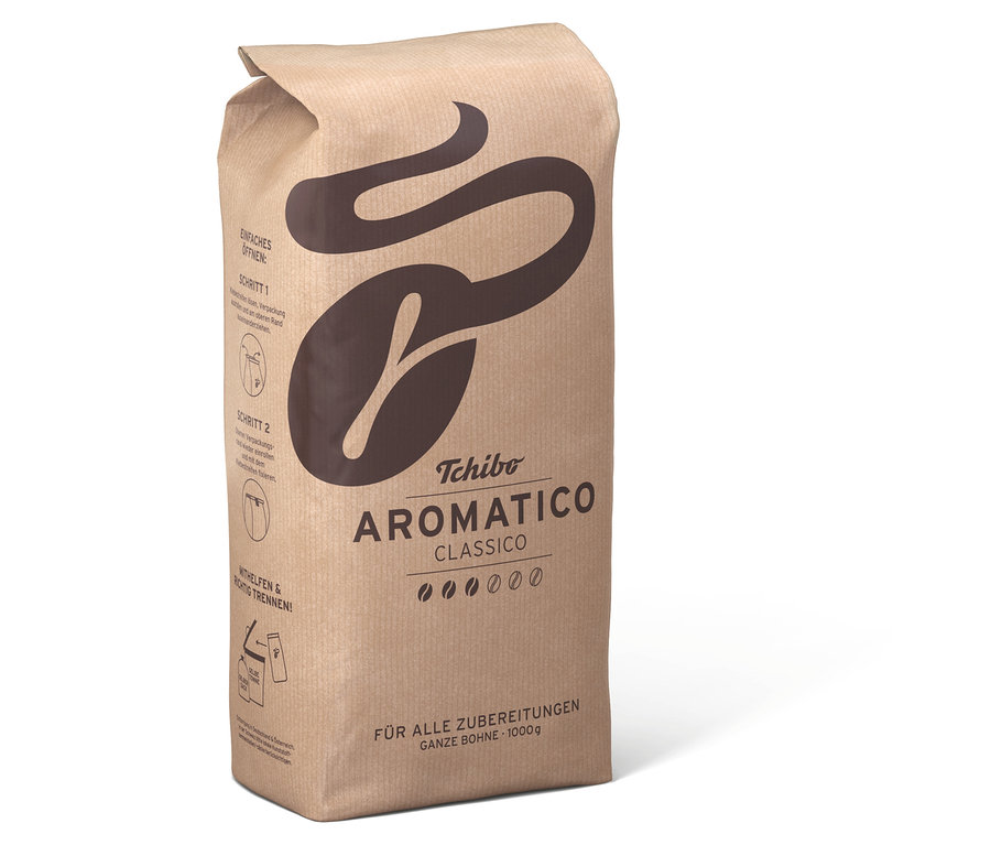 Un paquet brun de café en grains Aromatico Classico – 1 kg posé sur une surface blanche.