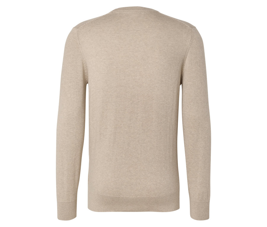 Vue arrière d'un pull en cachemire beige à col rond.