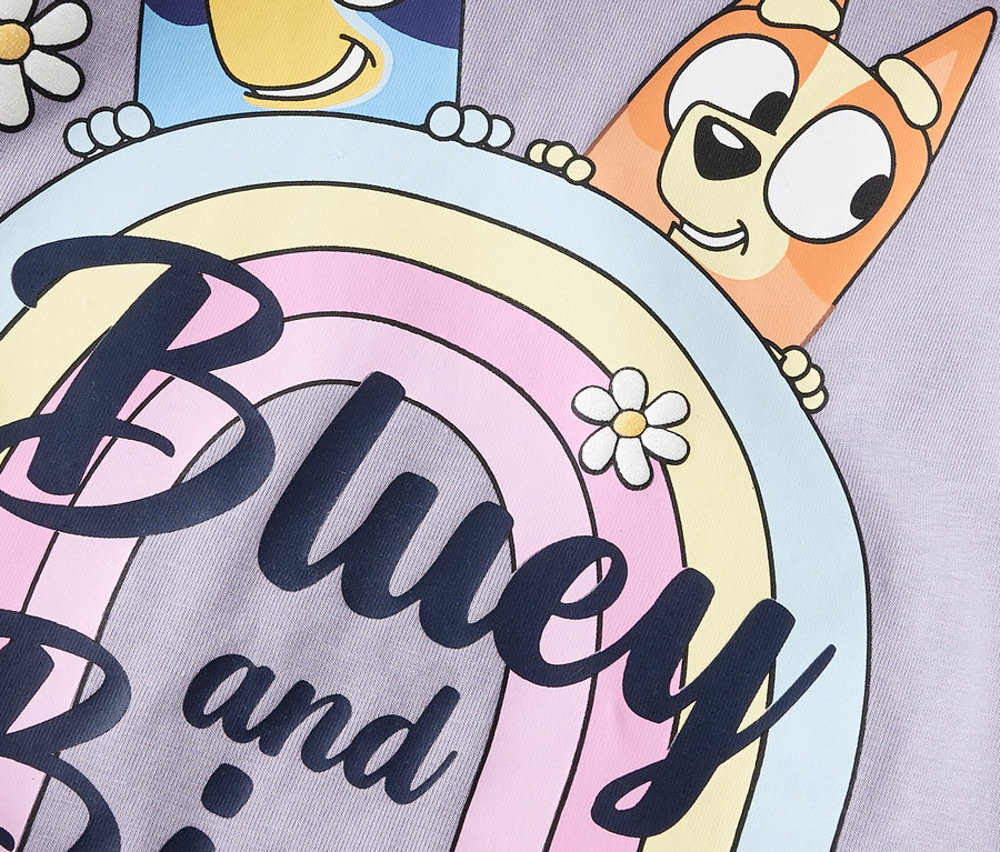 Gros plan d'un tissu violet avec les personnages de dessins animés Bluey et Bingo regardant par-dessus un arc-en-ciel, ainsi que des marguerites.