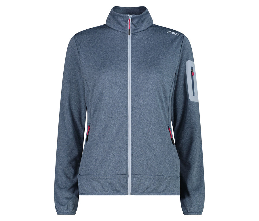 Veste polaire CMP grise avec fermeture éclair intégrale sur le devant et accent rouge sur les poches.