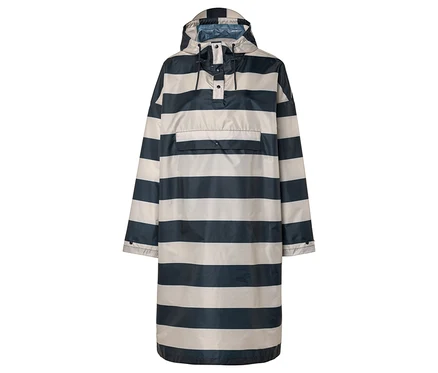 Imperméable long à rayures avec capuche, patte de boutonnage et poche.