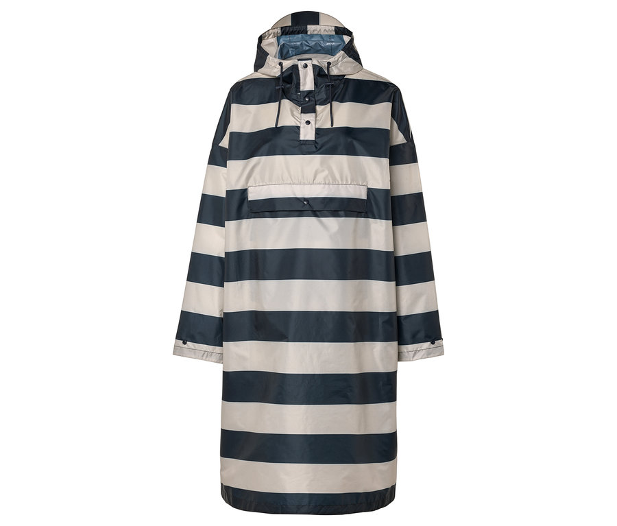 Imperméable long à rayures avec capuche, patte de boutonnage et poche.