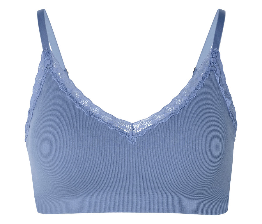 Soutien-gorge bleu à bretelles avec bordure en dentelle sur le décolleté.