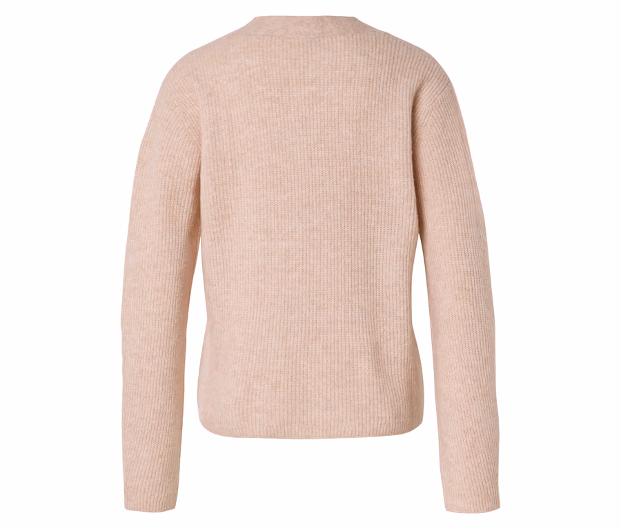 Vue arrière d'un pull en tricot côtelé rose clair à manches longues.