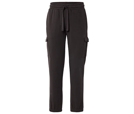 Pantalon de jogging gris foncé avec cordon de serrage et poches de chaque côté.