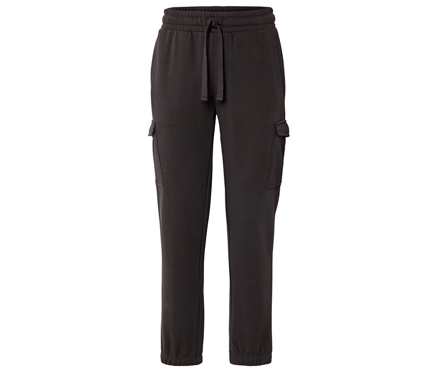 Pantalon de jogging gris foncé avec cordon de serrage et poches de chaque côté.