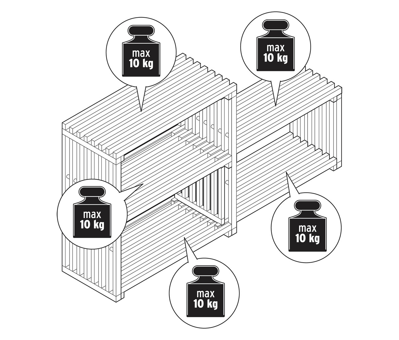 Vue de dessus d'une étagère extensible « FLEKSIBEL » avec des indications de poids maximum de 10 kg.
