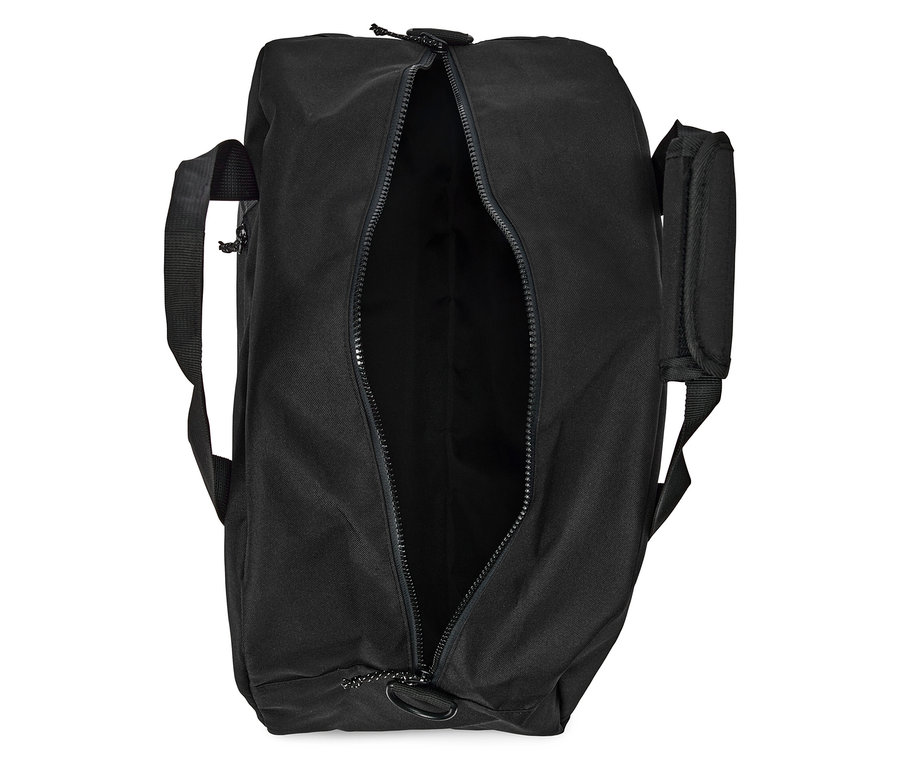 Sac de sport noir ouvert avec poignées et fermeture éclair.