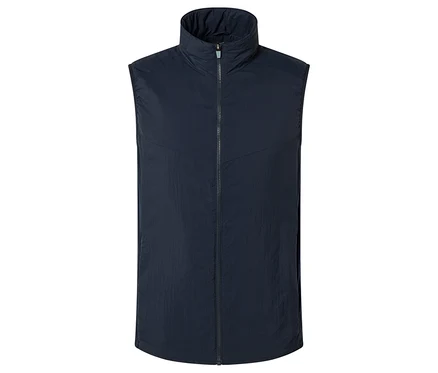 Gilet bleu marine avec fermeture éclair et col montant.