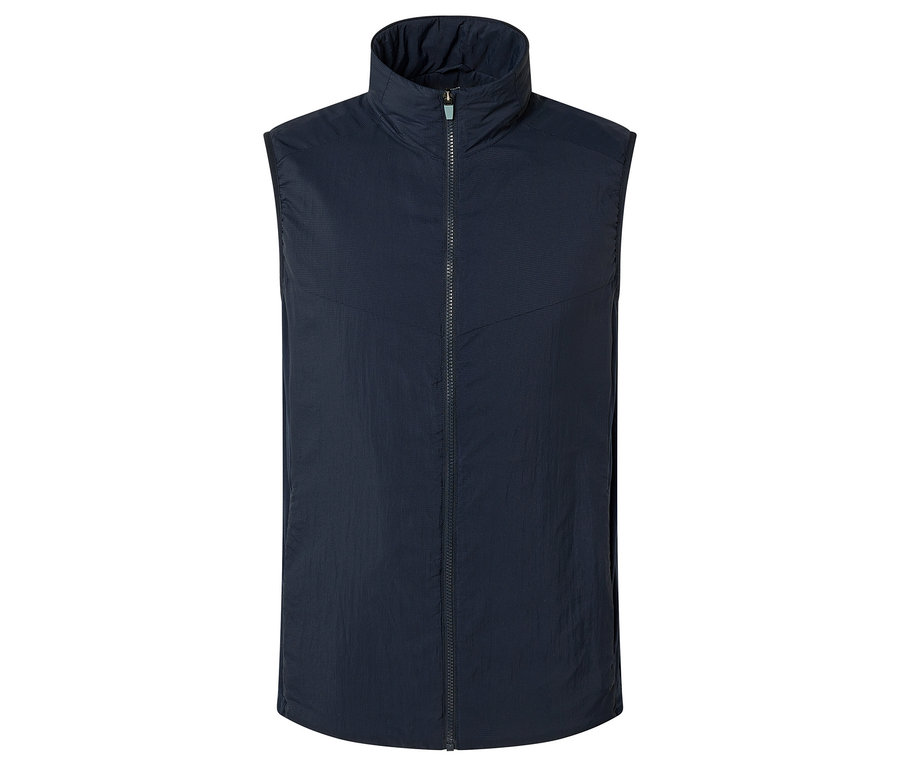 Gilet bleu marine avec fermeture éclair et col montant.