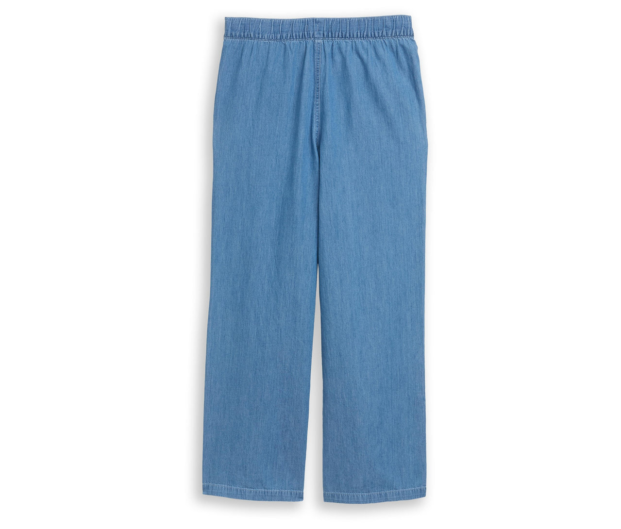 Pantalon large en tissu bleu clair avec taille élastique, isolé sur fond blanc.