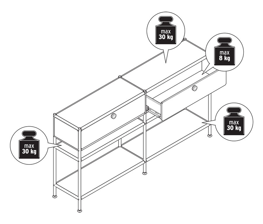 Vue de dessus schématique de deux consoles métalliques blanches « CN3 Slim Line » avec deux tiroirs chacune, dont un tiroir est ouvert. La charge maximale des consoles et des tiroirs est indiquée.