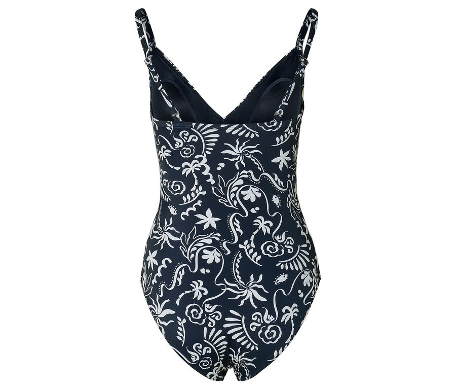 Vue arrière d'un maillot de bain bleu marine avec des motifs floraux blancs.