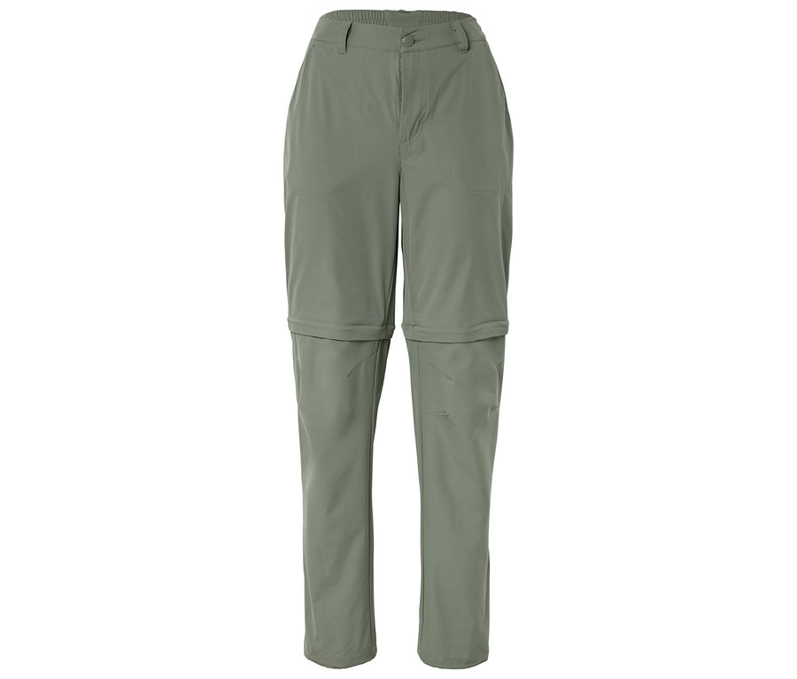 Pantalon long vert olive avec jambes amovibles, isolé sur fond blanc.
