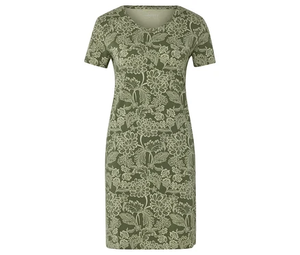 Une robe verte avec un motif floral blanc.