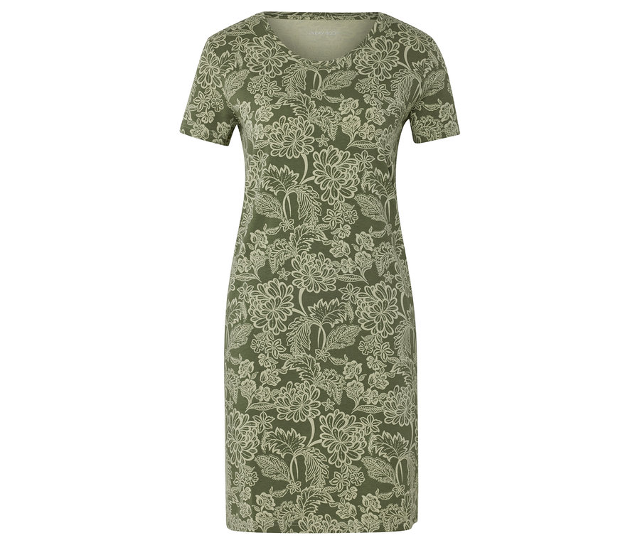 Une robe verte avec un motif floral blanc.