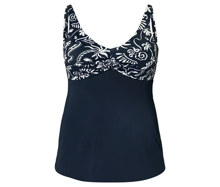 Maillot de bain avec bas bleu et haut à motifs bleu et blanc.