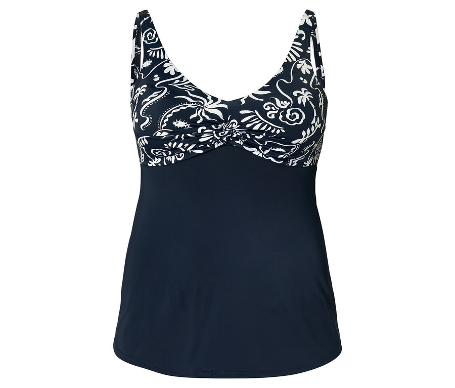 Maillot de bain avec bas bleu et haut à motifs bleu et blanc.