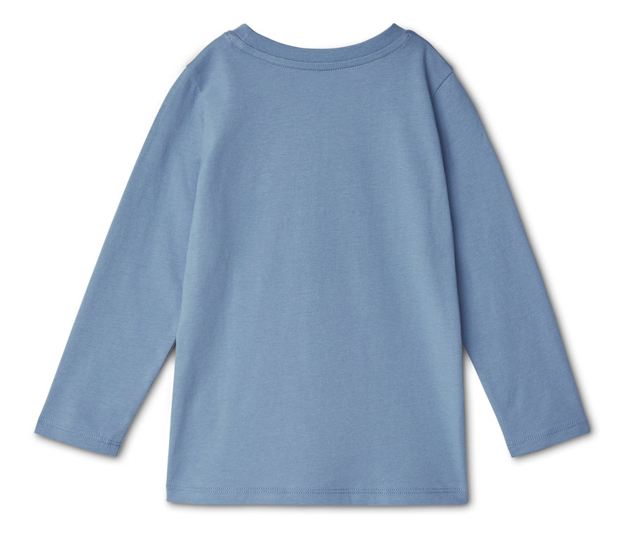 T-shirt bleu clair à manches longues vu de dos, posé sur un fond blanc.
