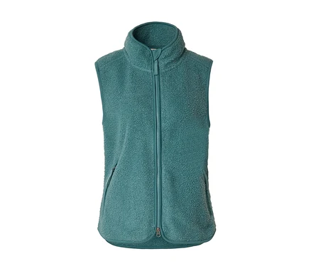 Gilet en polaire Teddy turquoise avec col montant, fermeture éclair intégrale et poche zippée.