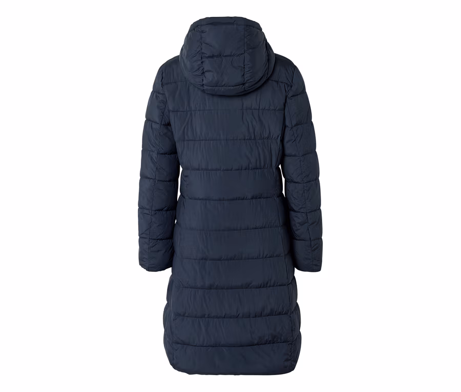 Long manteau doudoune bleu foncé avec capuche, vu de dos.