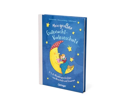 Livre bleu intitulé « Mein großer Gutenacht-Vorleseschatz ». La couverture montre deux enfants assis sur un croissant de lune jaune lisant un livre, entourés d'étoiles jaunes.