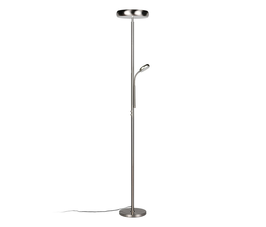 Lampadaire LED Reality « Palermo » en métal brossé avec lumière principale orientée vers le haut et bras flexible avec petite liseuse LED.
